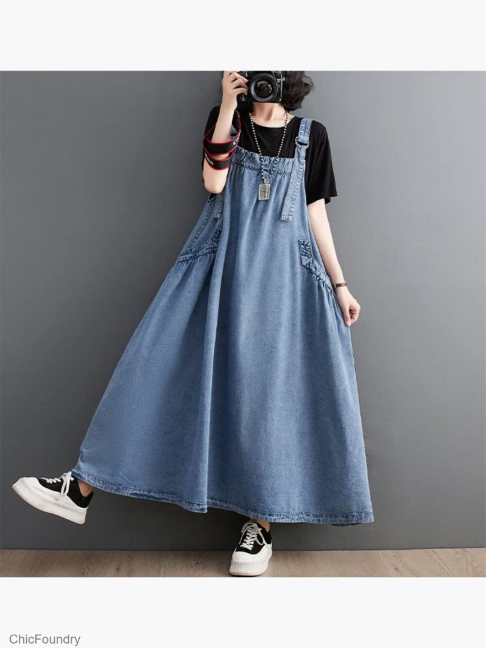 Denim Jumper Dress Loose Fit Maxi Length Adjustable Straps A-Line - Picture 3 of 6